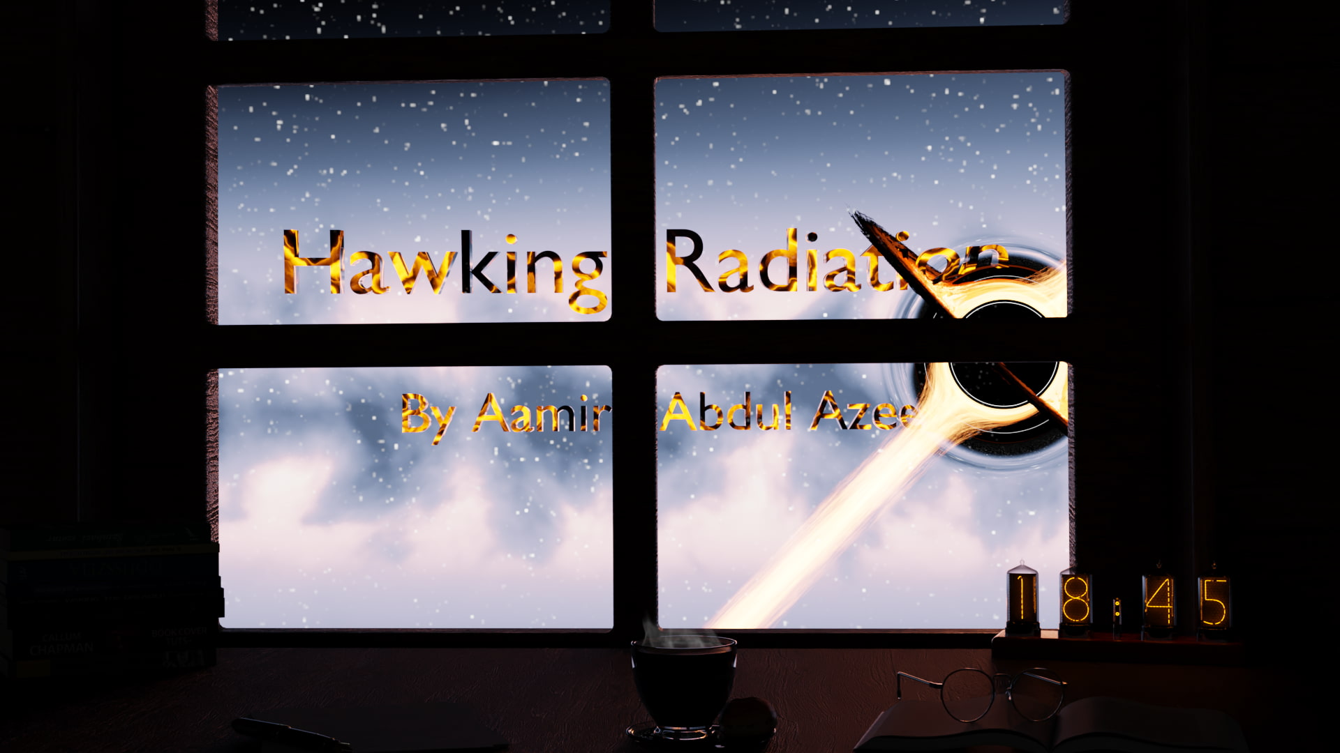 Hawking Radiation Intro Thumbnail, black hole next to Title "Hawking Radiation" with gravitational lensing